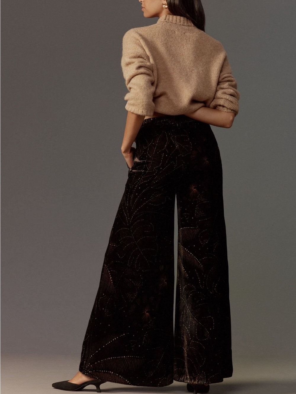 FARM Rio Black Velvet Wide-Leg Jumpsuit Pants with Subtle Starburst Print - Picture 6 of 10